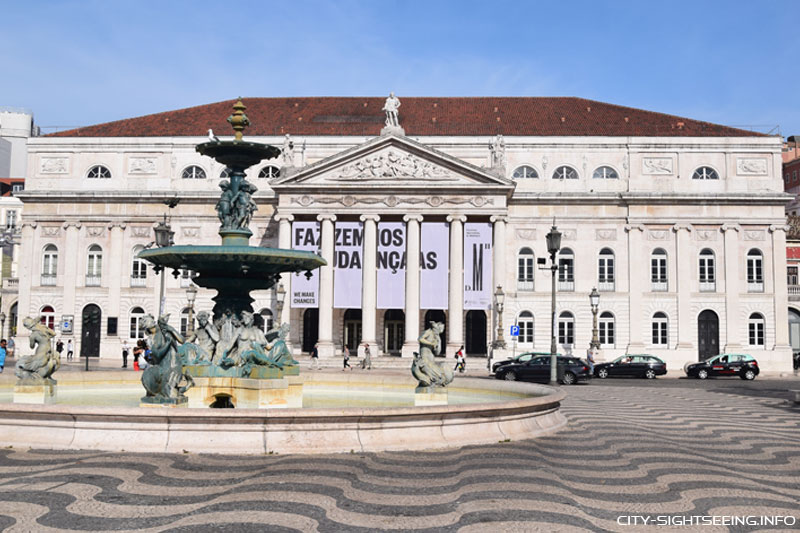 Lissabon, Portugal, Brunnen, Praça Dom Pedro IV., Rossio, Teatro